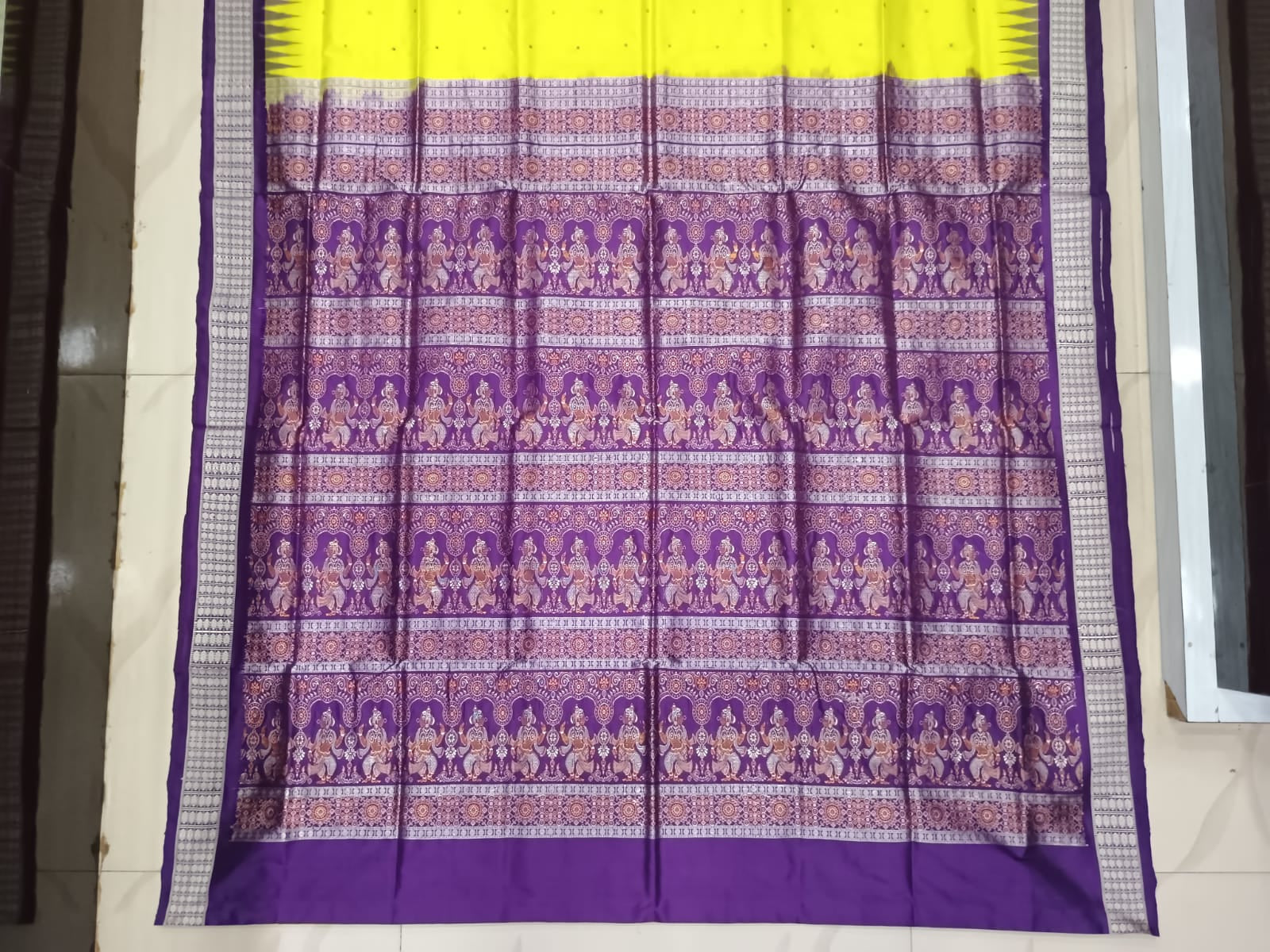 Lemon Green Purple Buti Bomkai Silk Saree
