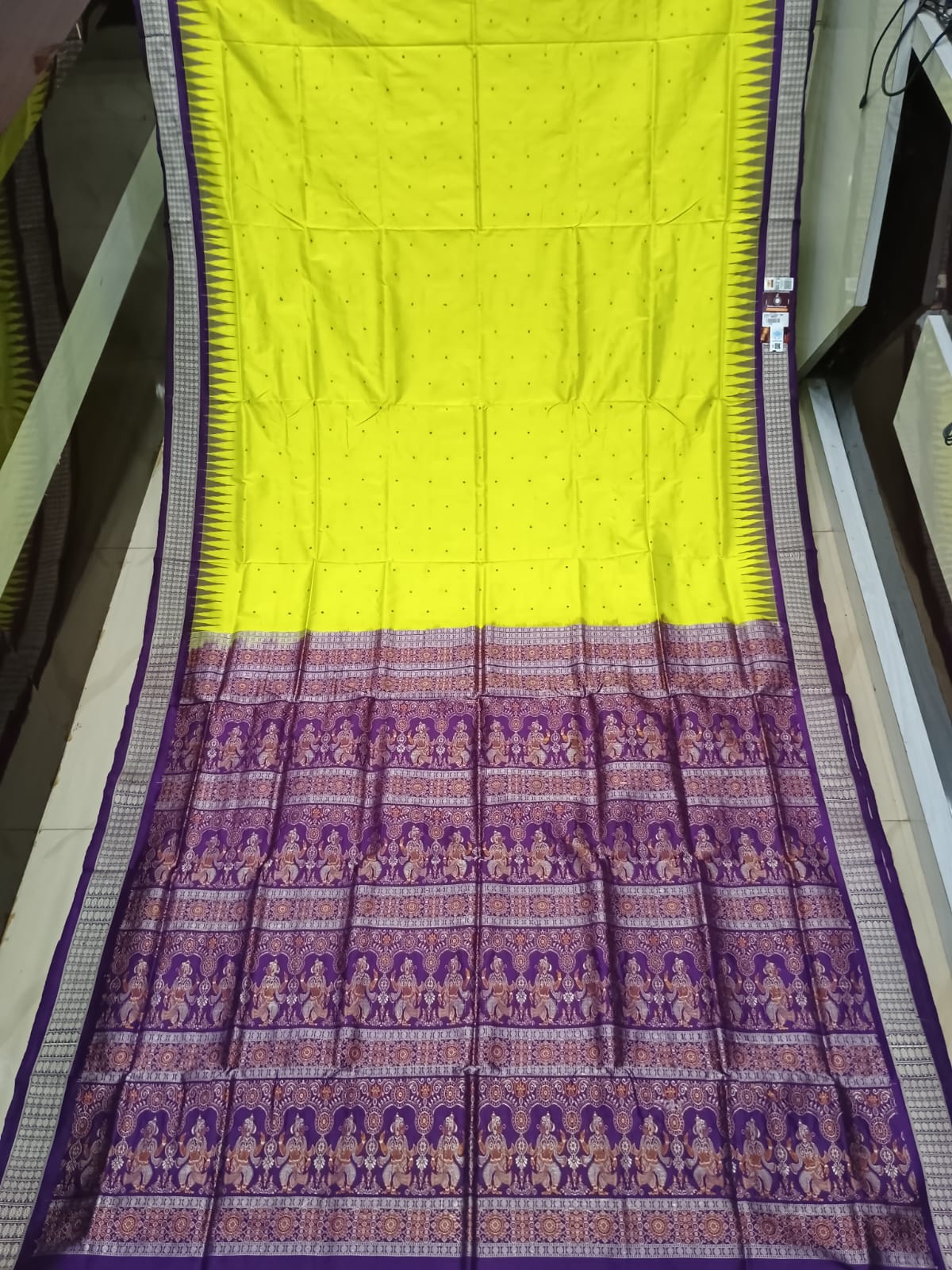 Lemon Green Purple Buti Bomkai Silk Saree