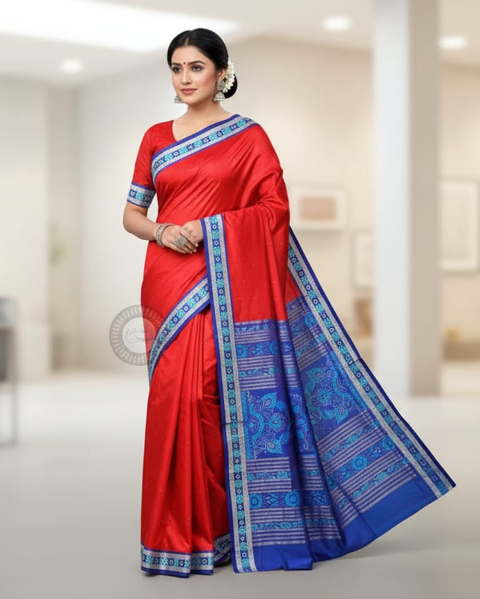 Red Blue Sakta Border Odisha Handloom Bomkai Silk Saree