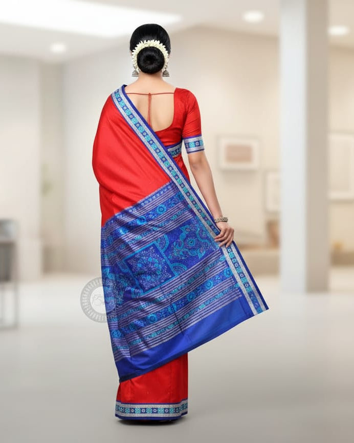Red Blue Sakta Border Odisha Handloom Bomkai Silk Saree