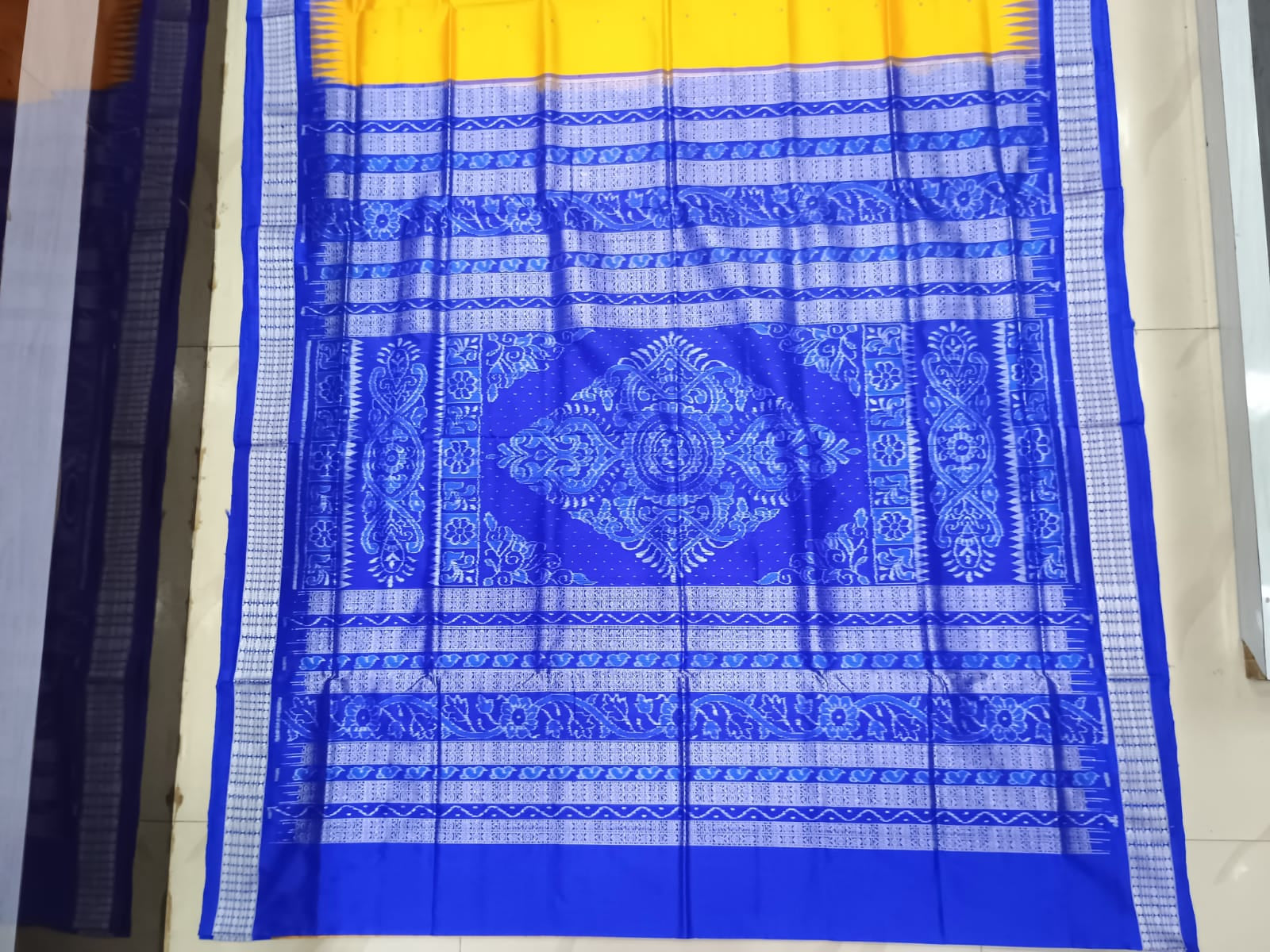 Yellow Blue Buti Bomkai Silk Saree