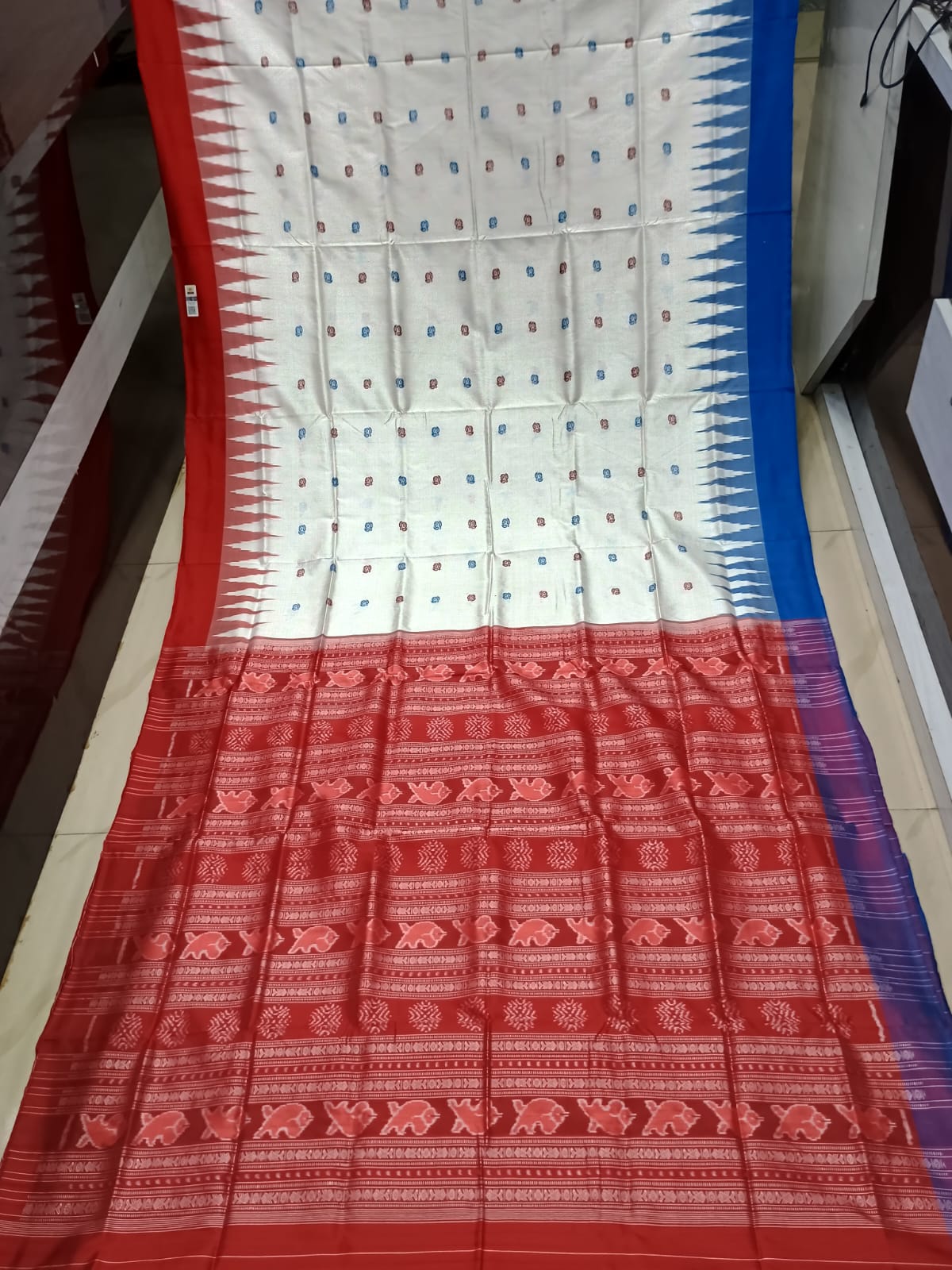 White Red Ganga Jamuna Border Bomkai Silk Saree