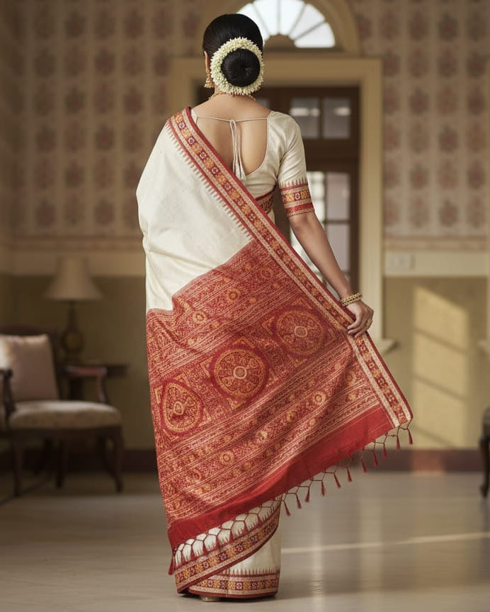 Off White Maroon Sakta Border Odisha Handloom Bomkai Silk Saree
