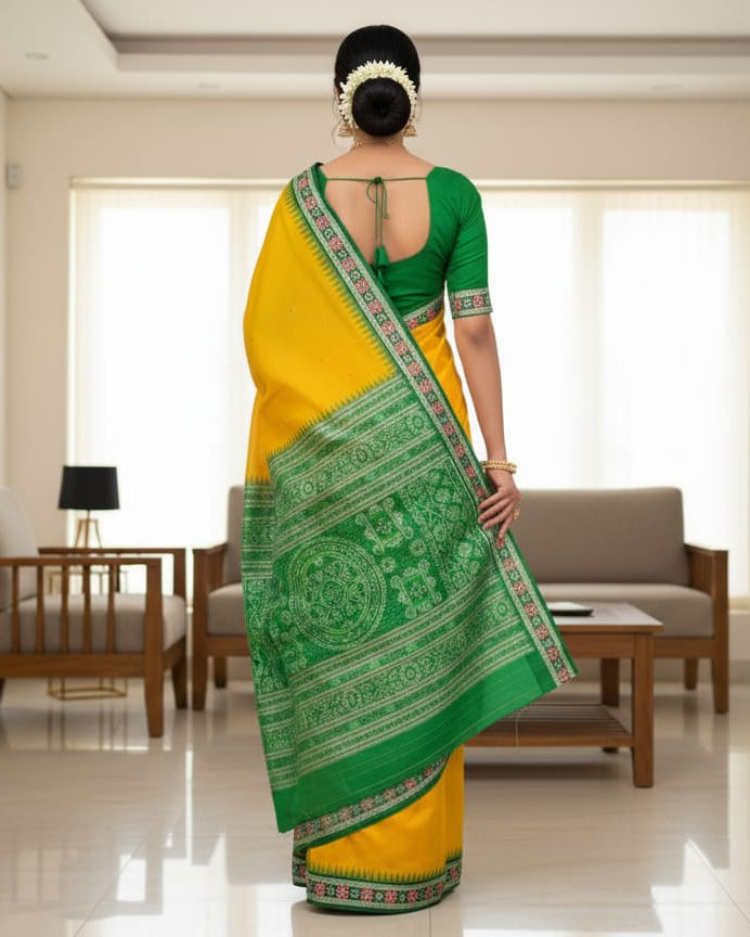 Yellow Green Sakta Border Odisha Handloom Bomkai Silk Saree