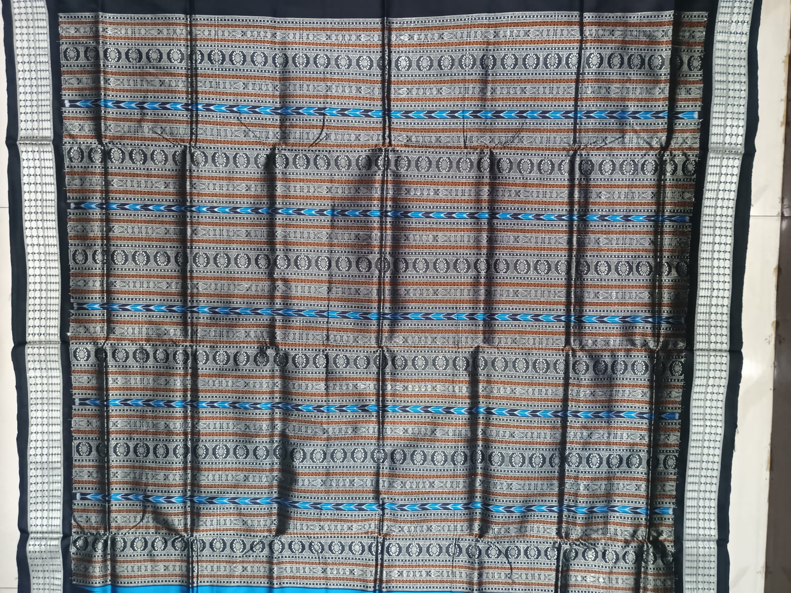 Cyan Blue Black Boita Design Bomkai Silk Saree