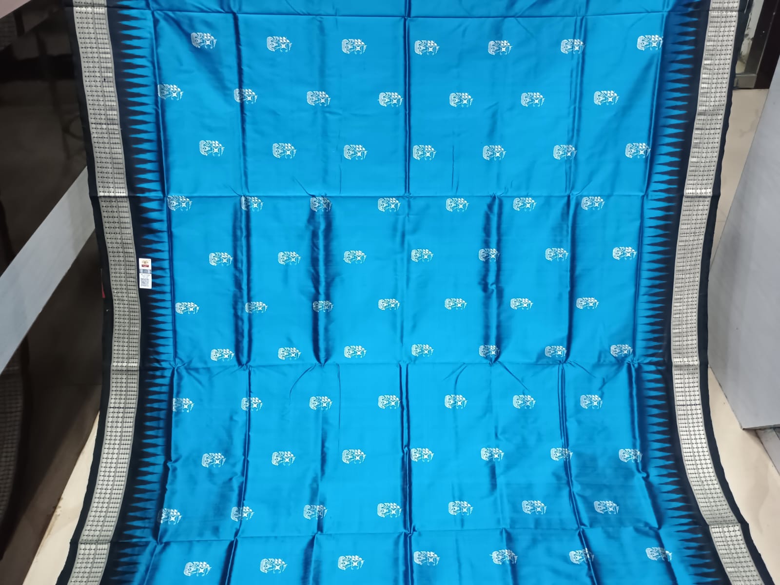 Cyan Blue Black Boita Design Bomkai Silk Saree