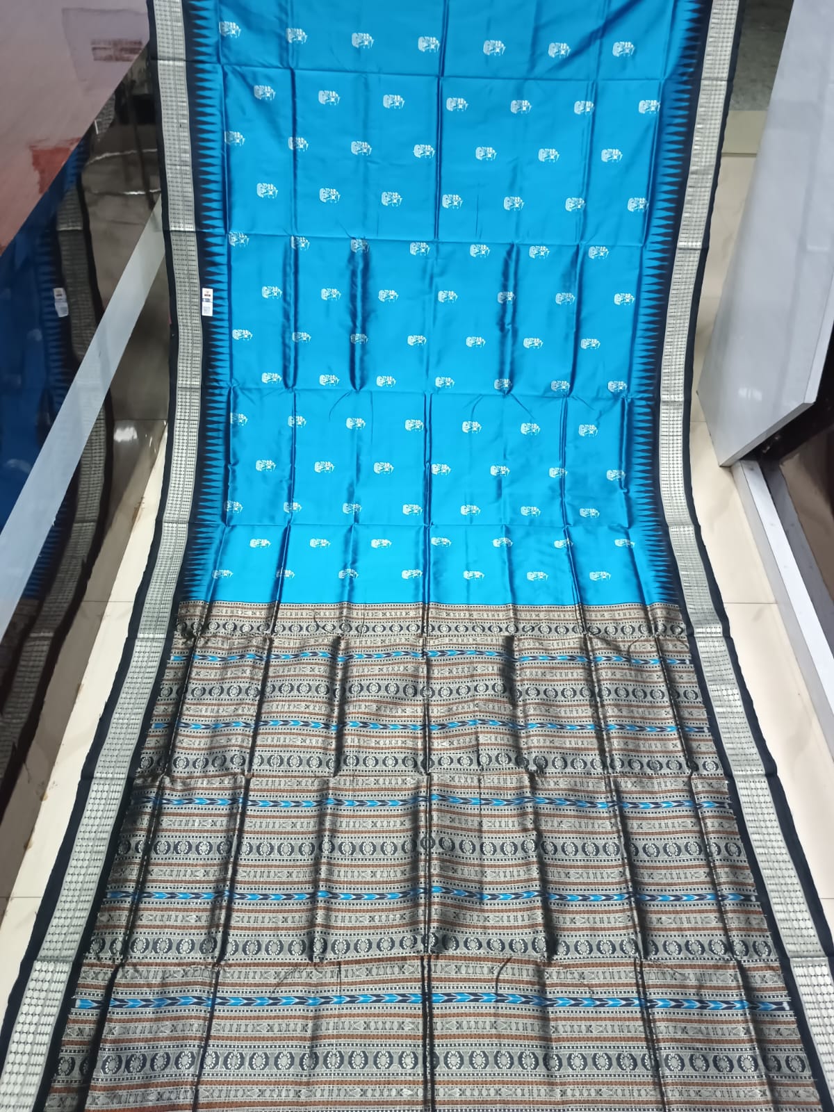 Cyan Blue Black Boita Design Bomkai Silk Saree