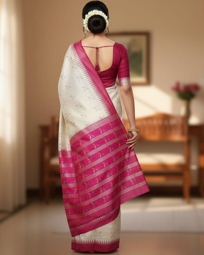 White Magenta Leaf Design Bomkai Silk Saree