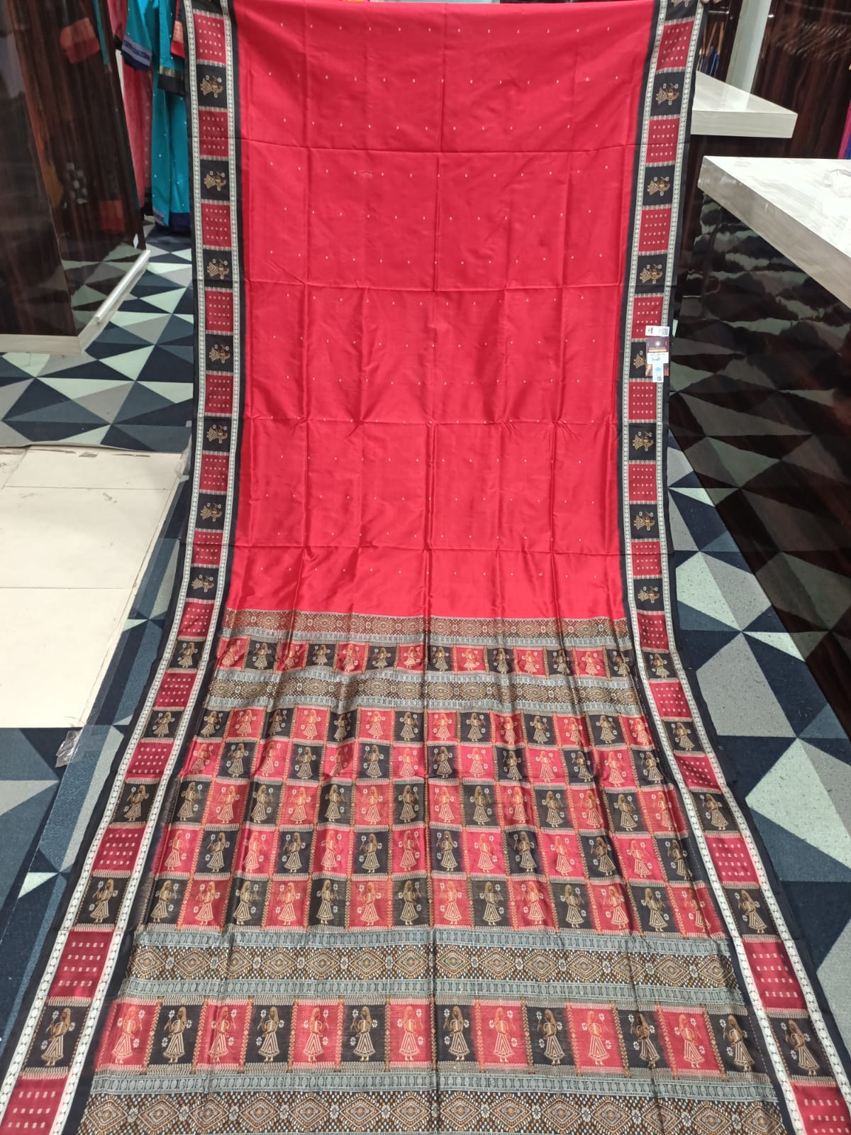 Red Black Doll Border Bomkai Silk Saree