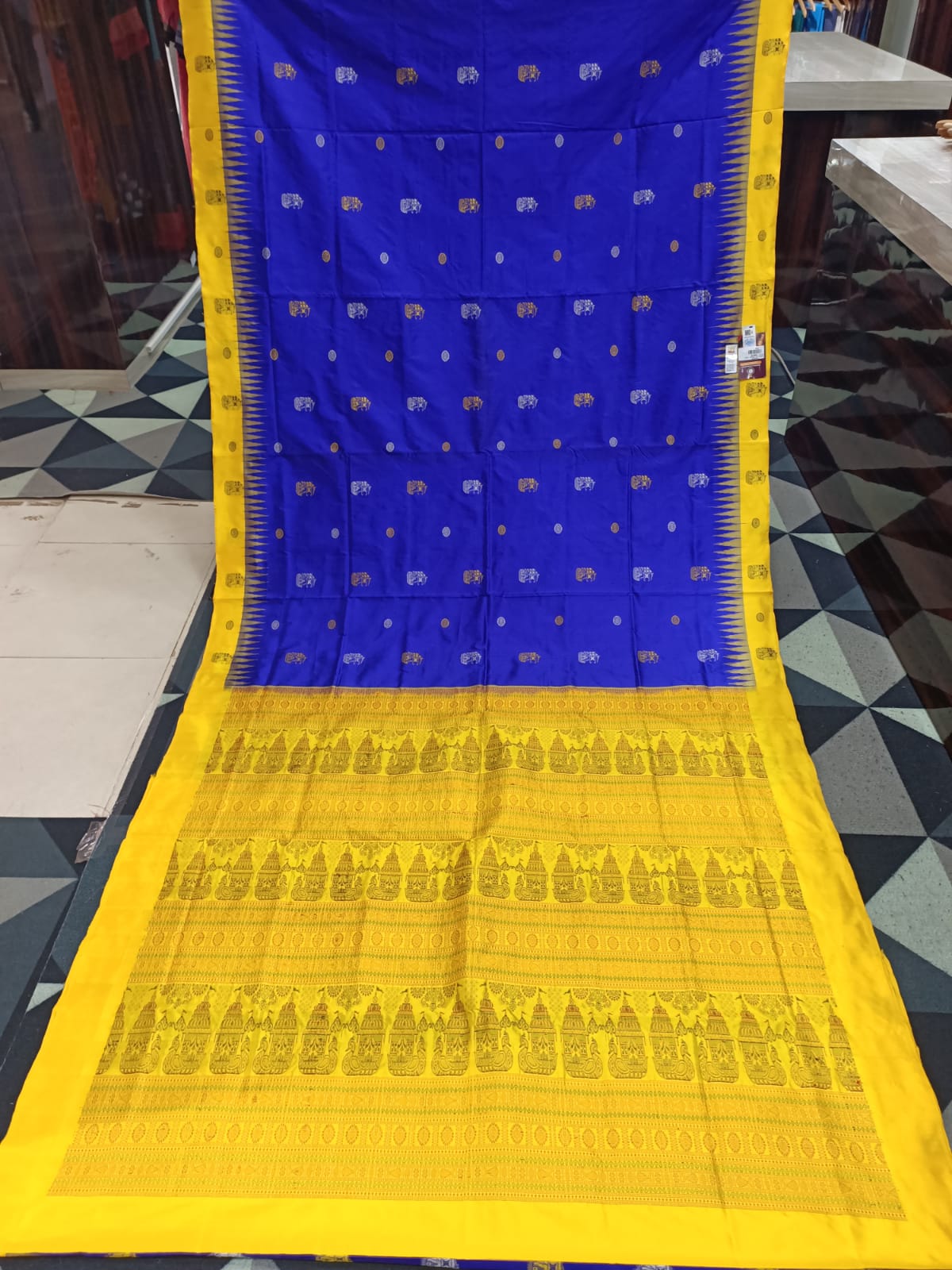 Blue Yellow Boita Design Bomkai Silk Saree