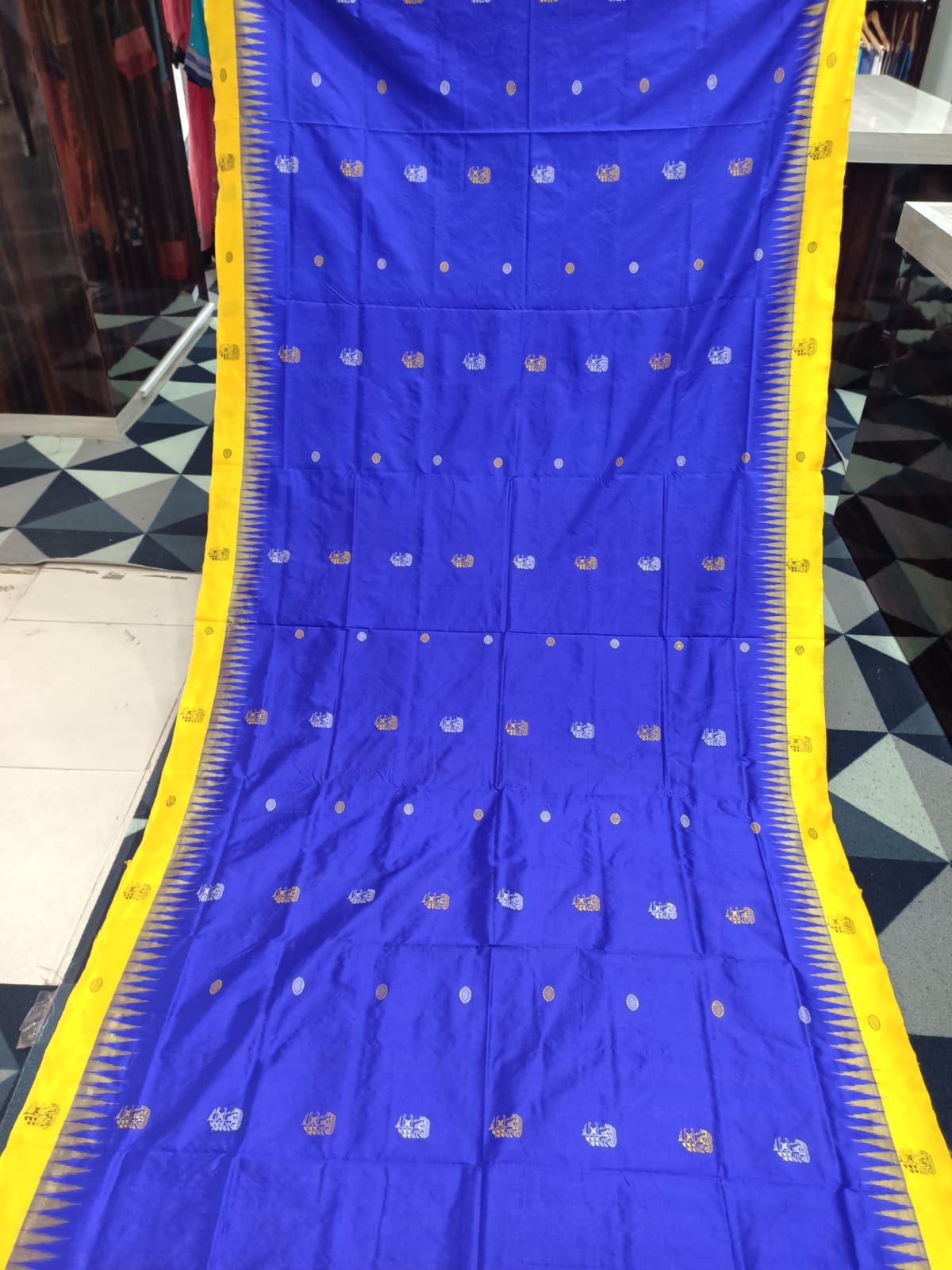 Blue Yellow Boita Design Bomkai Silk Saree