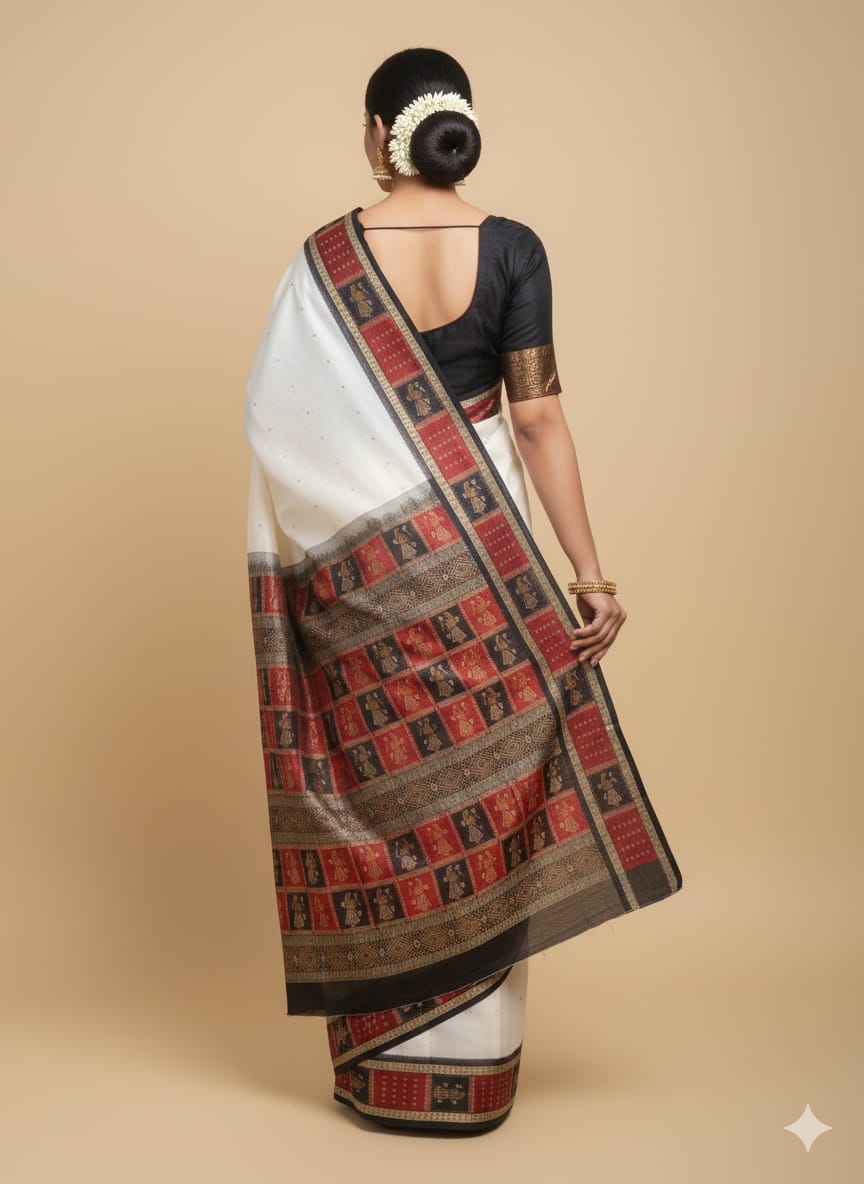 White Maroon Black Doll Border Bomkai Silk Saree