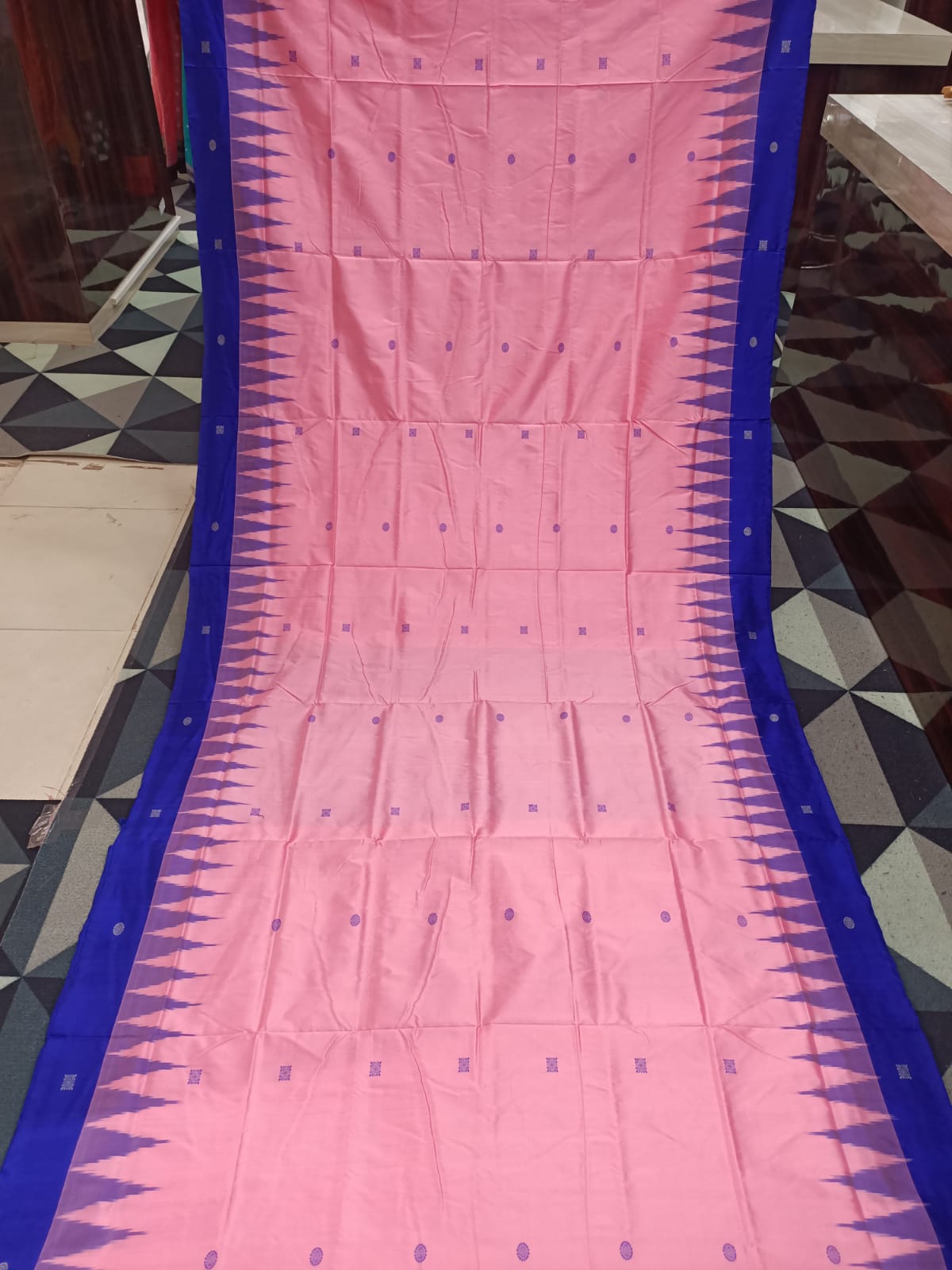Pink Blue Flower Design Bomkai Silk Saree