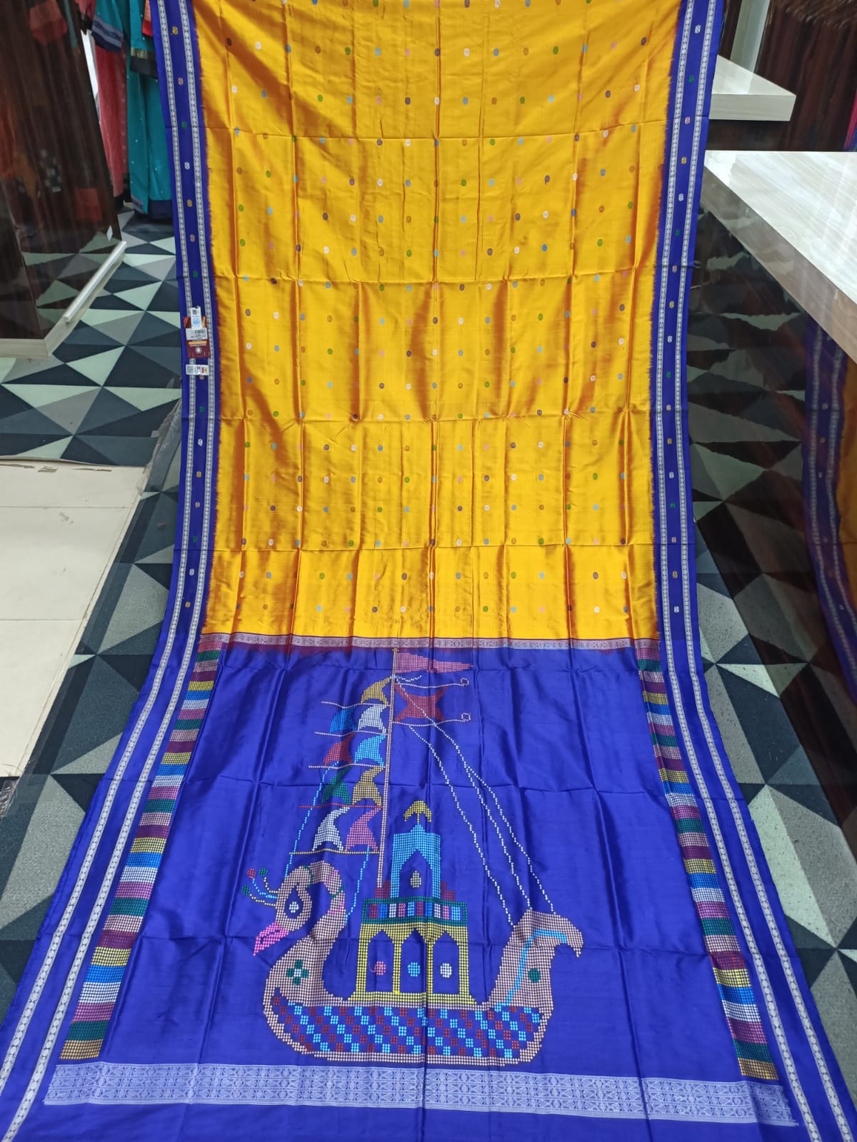 Golden Yellow Blue Boita Bomkai Silk Saree