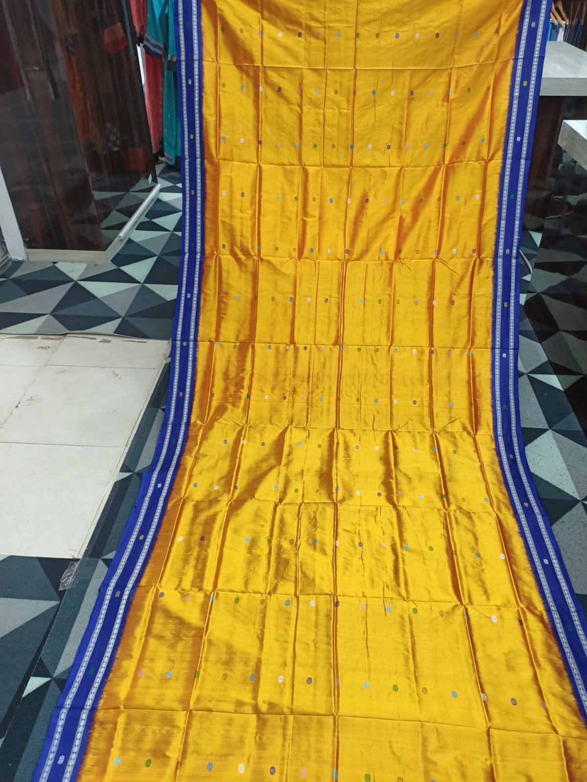 Golden Yellow Blue Boita Bomkai Silk Saree