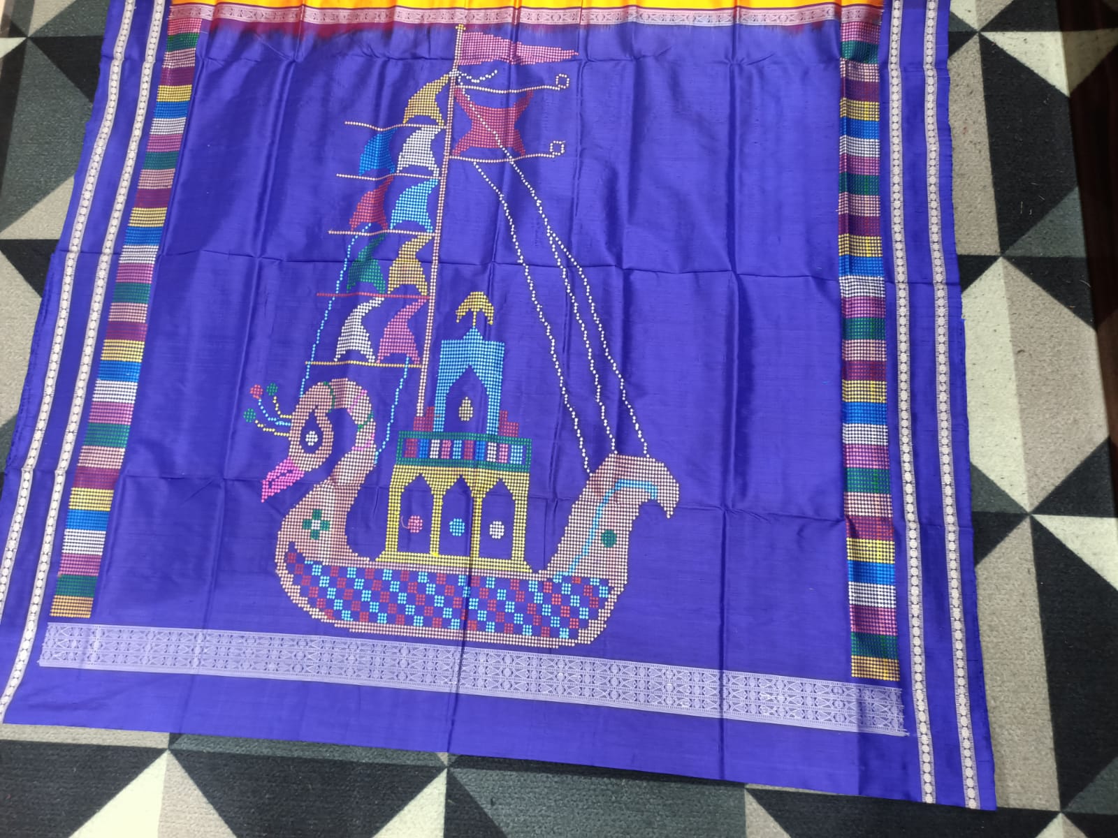 Golden Yellow Blue Boita Bomkai Silk Saree