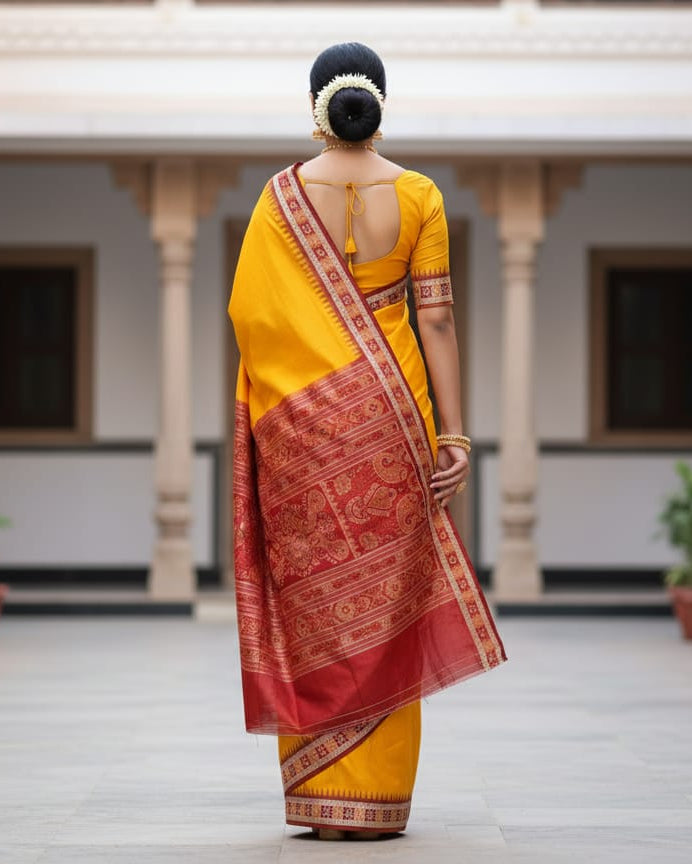 Yellow Maroon Sakta Border Odisha Handloom Bomkai Silk Saree