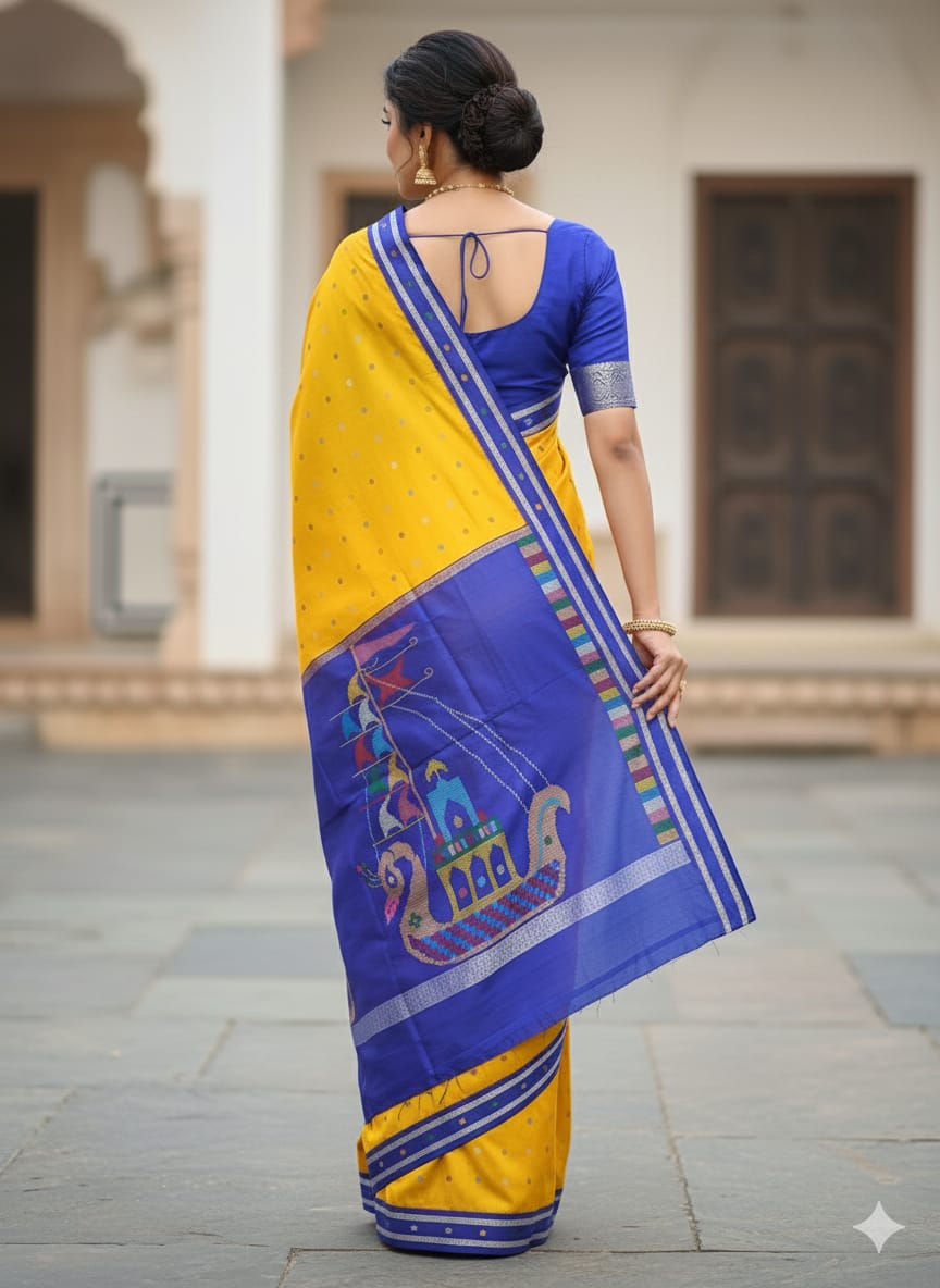 Golden Yellow Blue Boita Bomkai Silk Saree