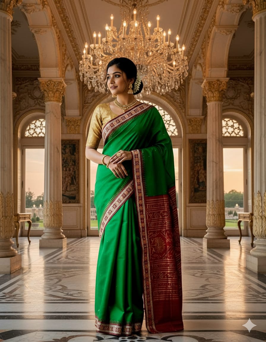 Green Maroon Sakta Border Odisha Handloom Bomkai Silk Saree