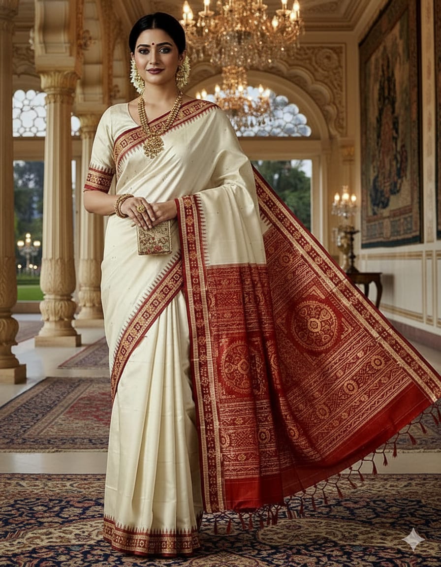 Off White Maroon Sakta Border Odisha Handloom Bomkai Silk Saree