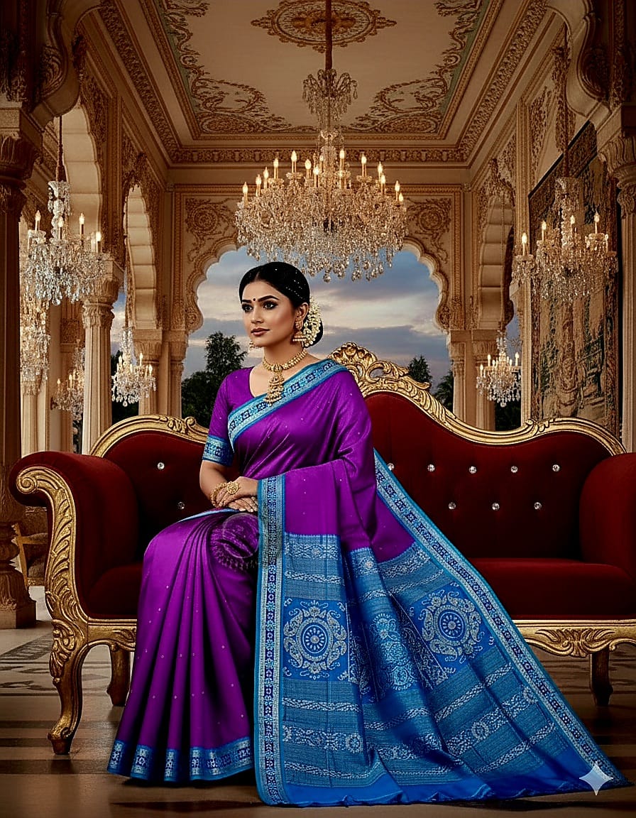 Purple Copper Sulphate Sakta Border Odisha Handloom Bomkai Silk Saree
