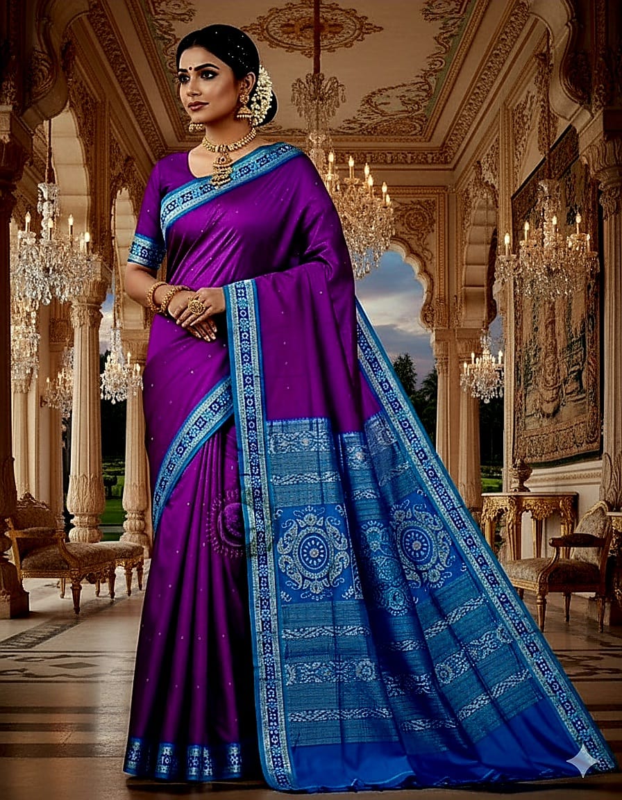 Purple Copper Sulphate Sakta Border Odisha Handloom Bomkai Silk Saree