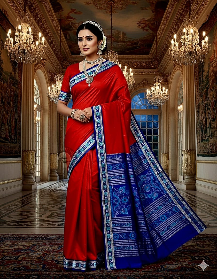 Red Blue Sakta Border Odisha Handloom Bomkai Silk Saree