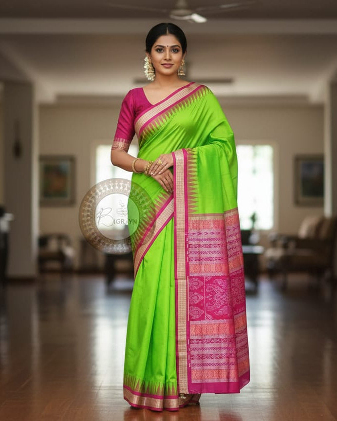 Green Magenta Buti Odisha Handloom Bomkai Silk Saree