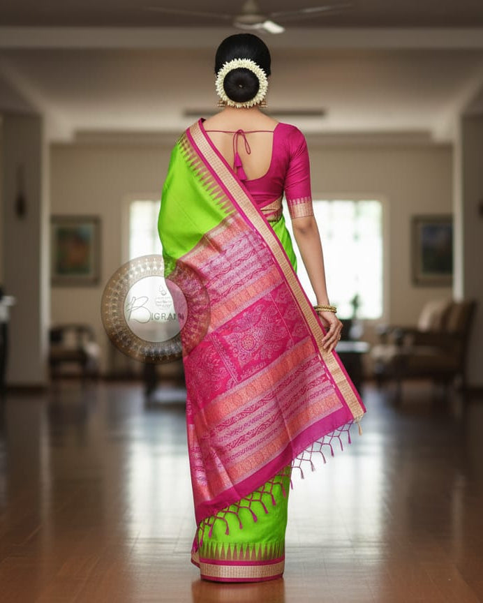 Green Magenta Buti Odisha Handloom Bomkai Silk Saree