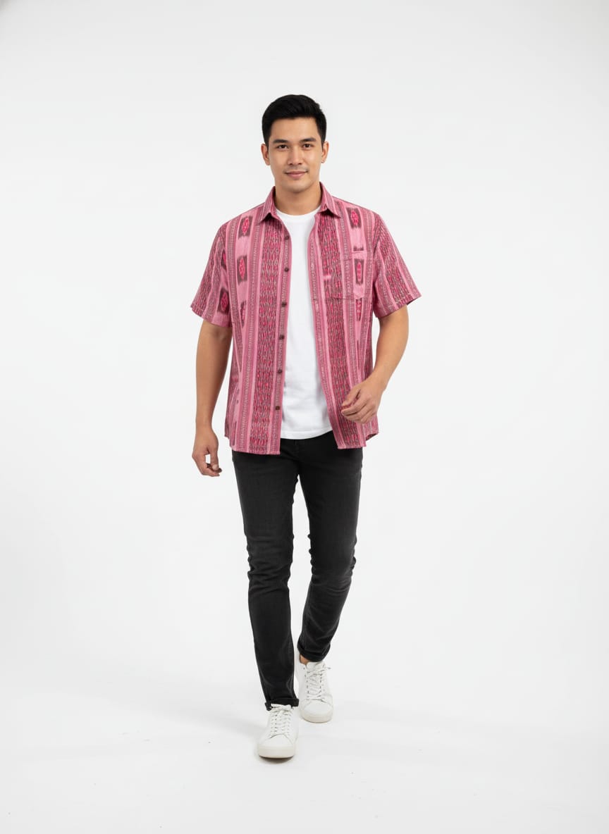 Peach Flower Design Ikat Odisha Handloom Half Shirt