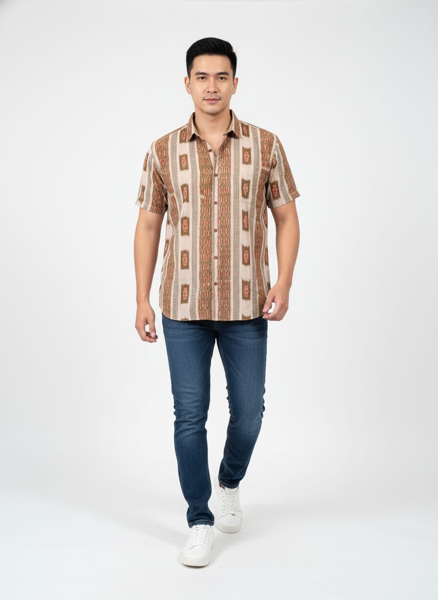 Brown Flower Design Ikat Odisha Handloom Half Shirt