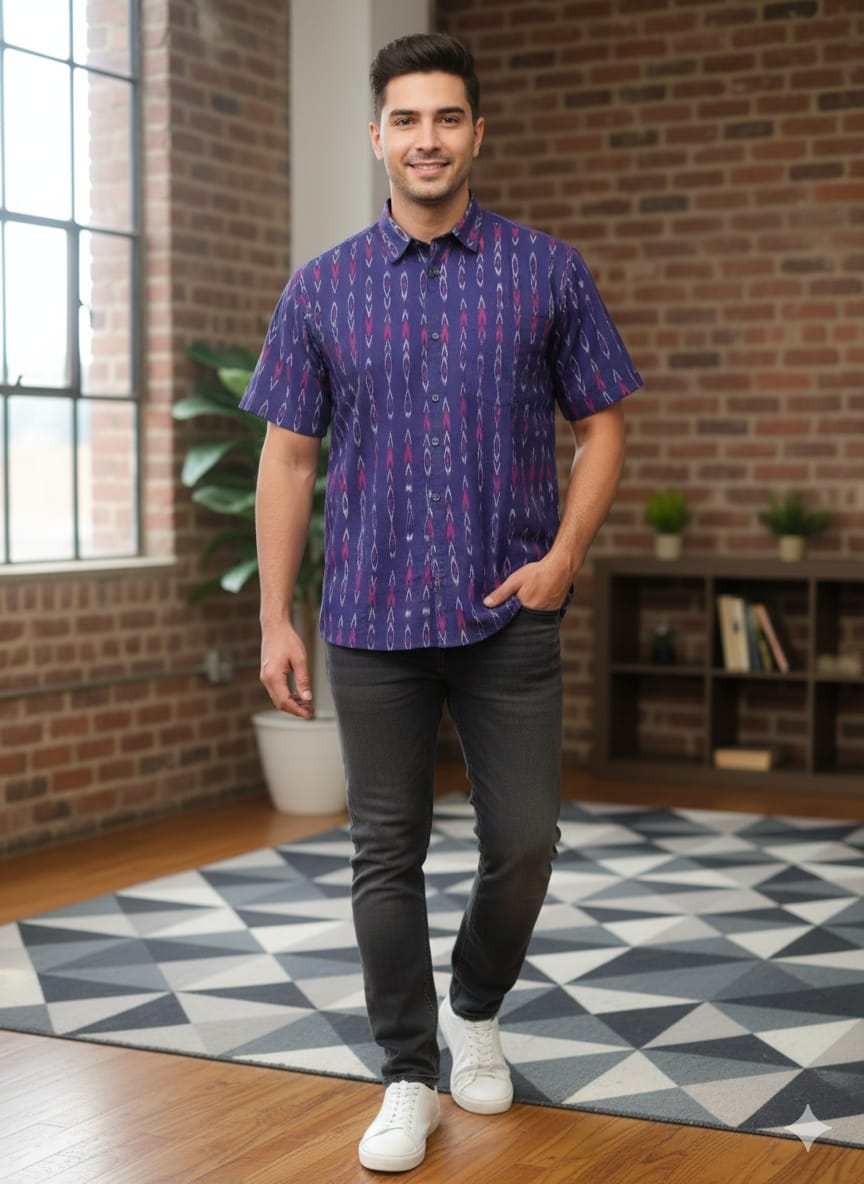 Blue Magenta Ikat Disign Odisha Handloom Men's Half Shirt