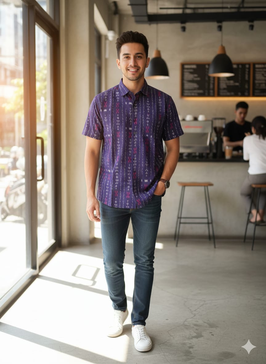 Navy Blue Magenta Lata Disign Odisha Handloom Men's Half Shirt