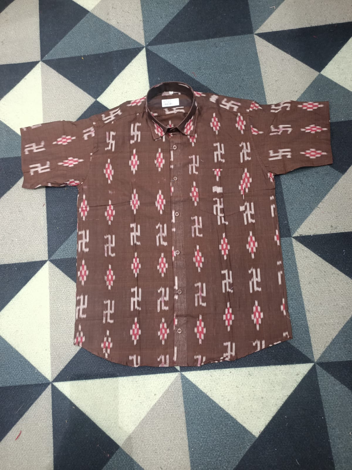 Coffee White Swastik Red Pasapali Ikat Odisha Handloom Men's Half Shirt