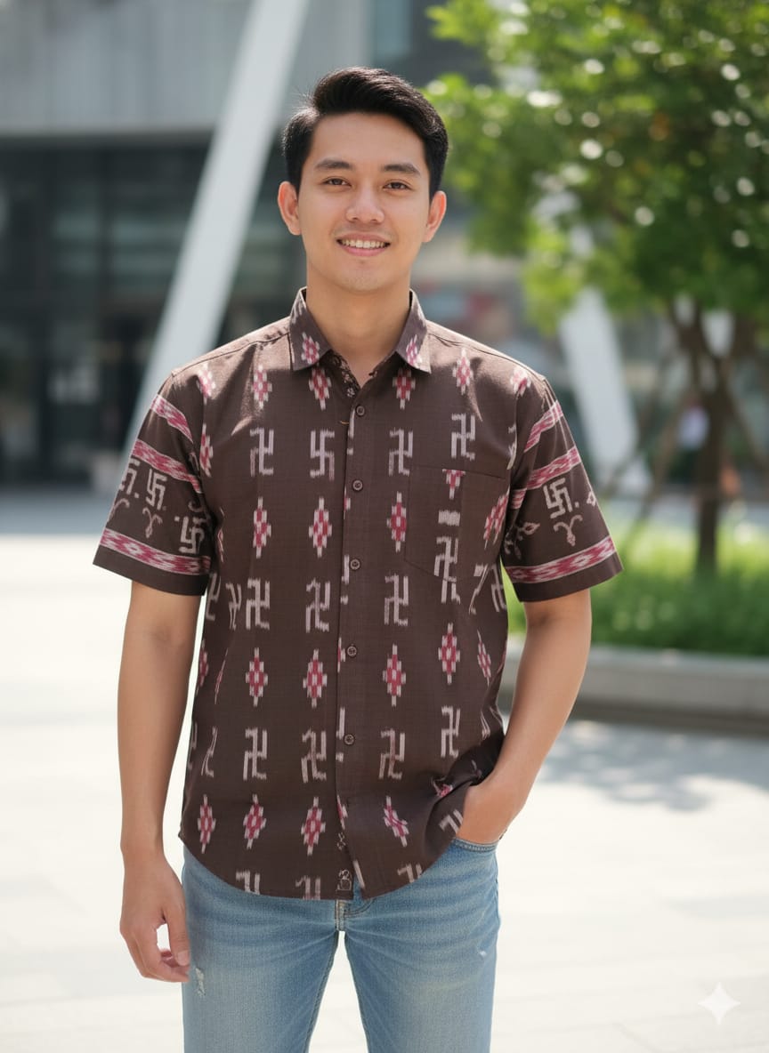 Coffee White Swastik Red Pasapali Ikat Odisha Handloom Men's Half Shirt