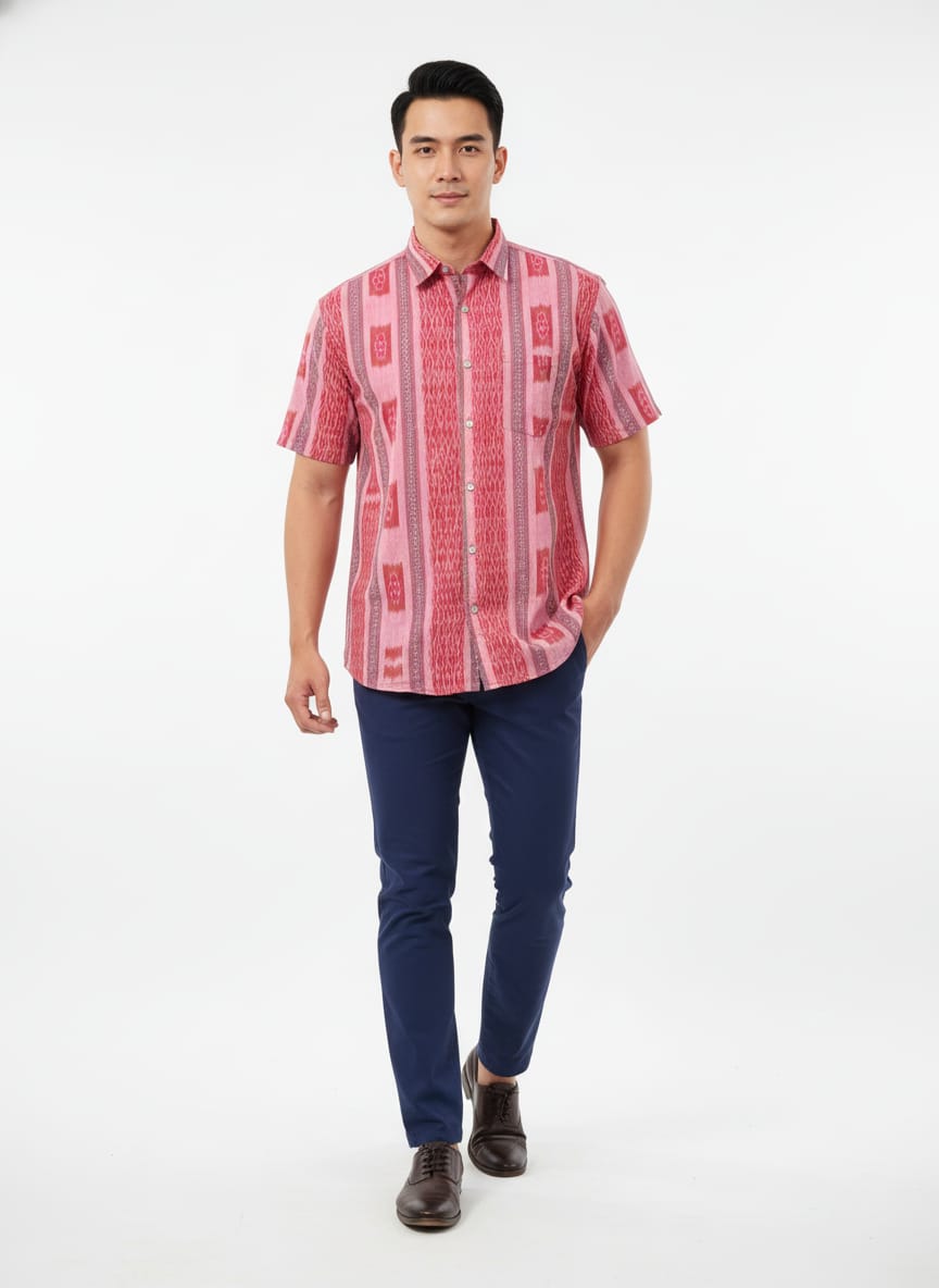 Peach Grey Flower Design Ikat Odisha Handloom Half Shirt