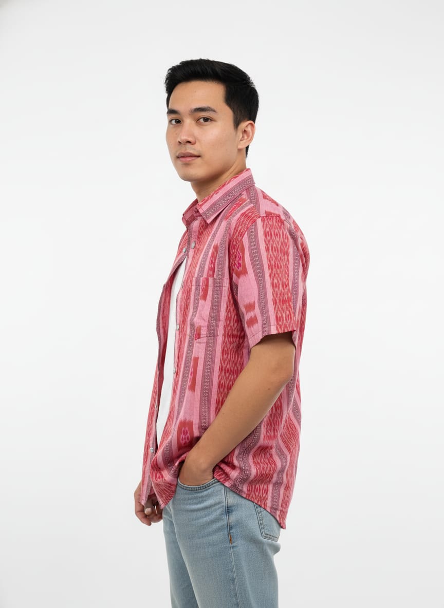 Peach Grey Flower Design Ikat Odisha Handloom Half Shirt