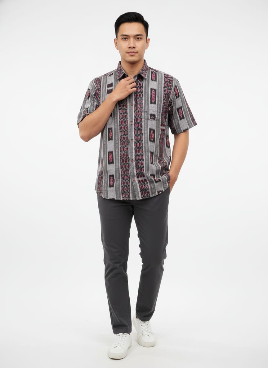 Black Grey Flower Design Ikat Odisha Handloom Half Shirt