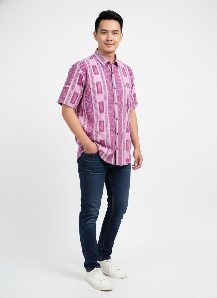 Dusty-Pink Flower Design Ikat Odisha Handloom Half Shirt