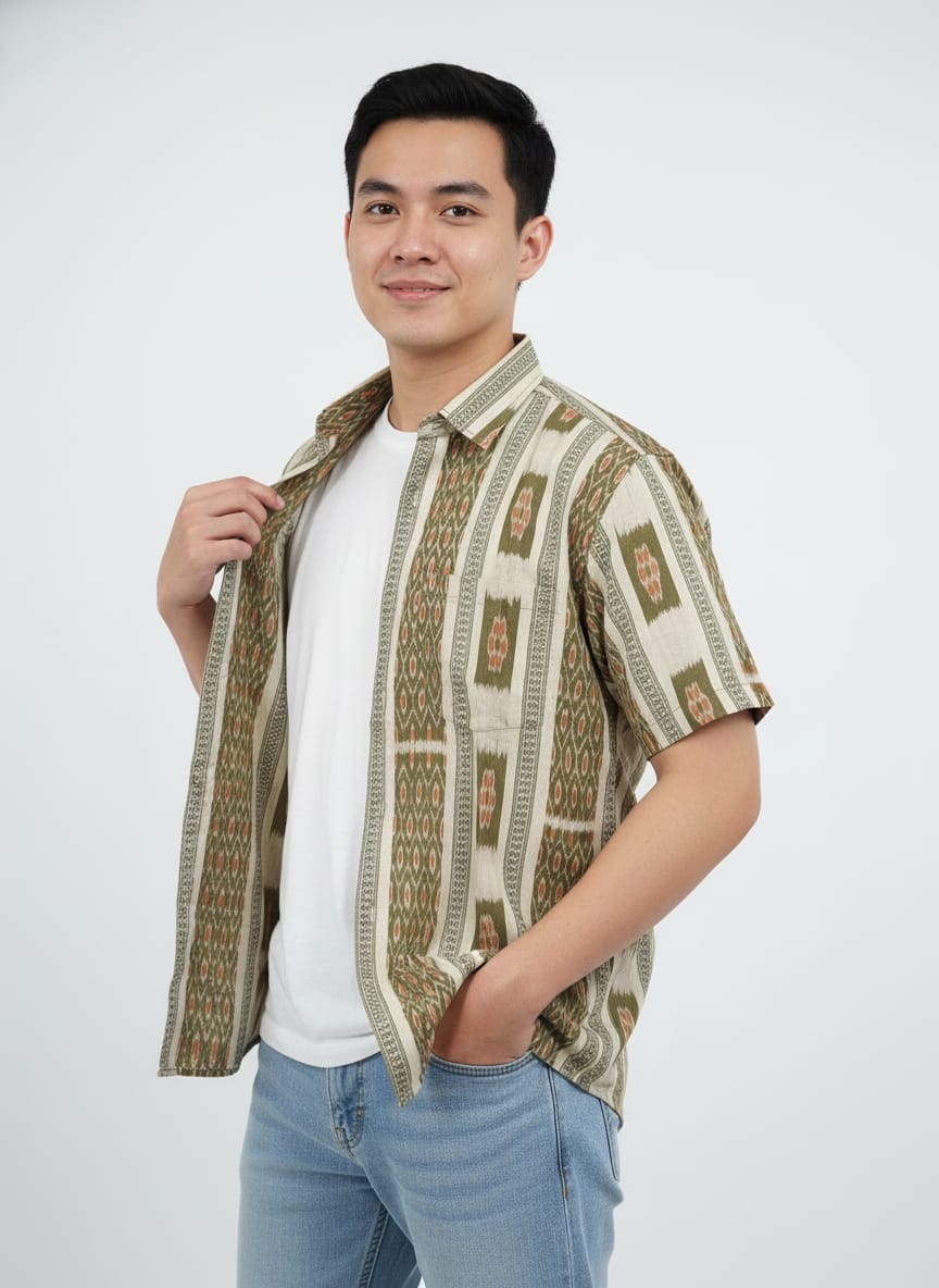 Mehendi Green Grey Flower Design Ikat Odisha Handloom Half Shirt