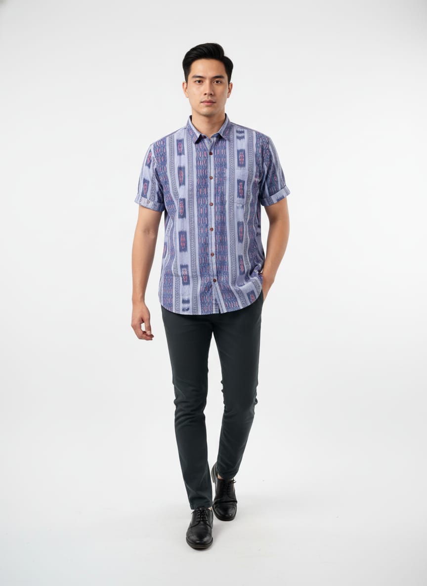 Ink Blue Flower Design Ikat Odisha Handloom Half Shirt