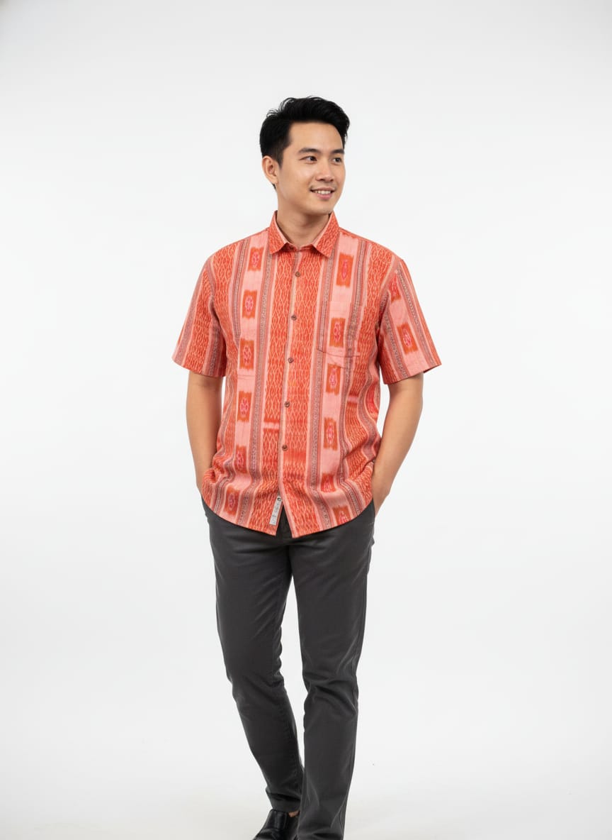 Orange Flower Design Ikat Odisha Handloom Half Shirt