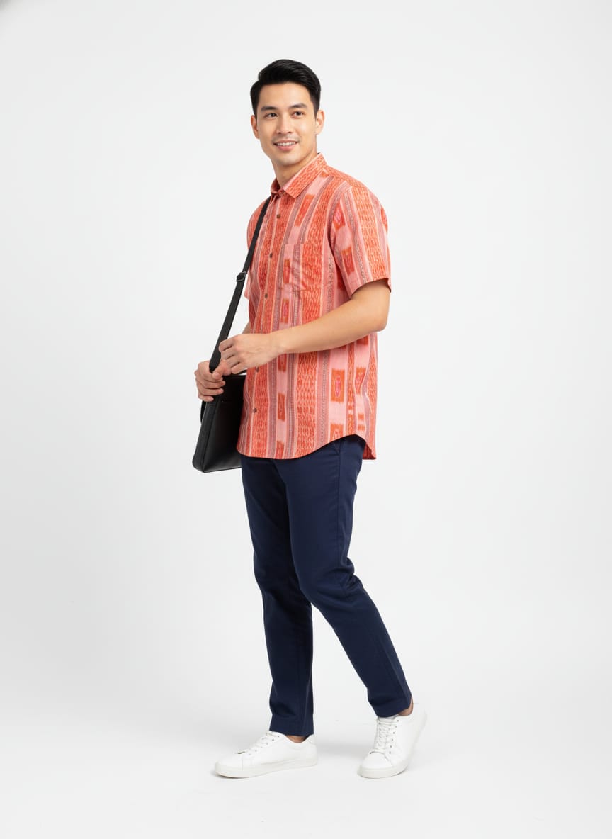 Orange Flower Design Ikat Odisha Handloom Half Shirt