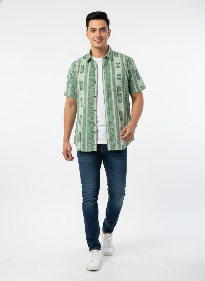 Green White Flower Design Ikat Odisha Handloom Half Shirt