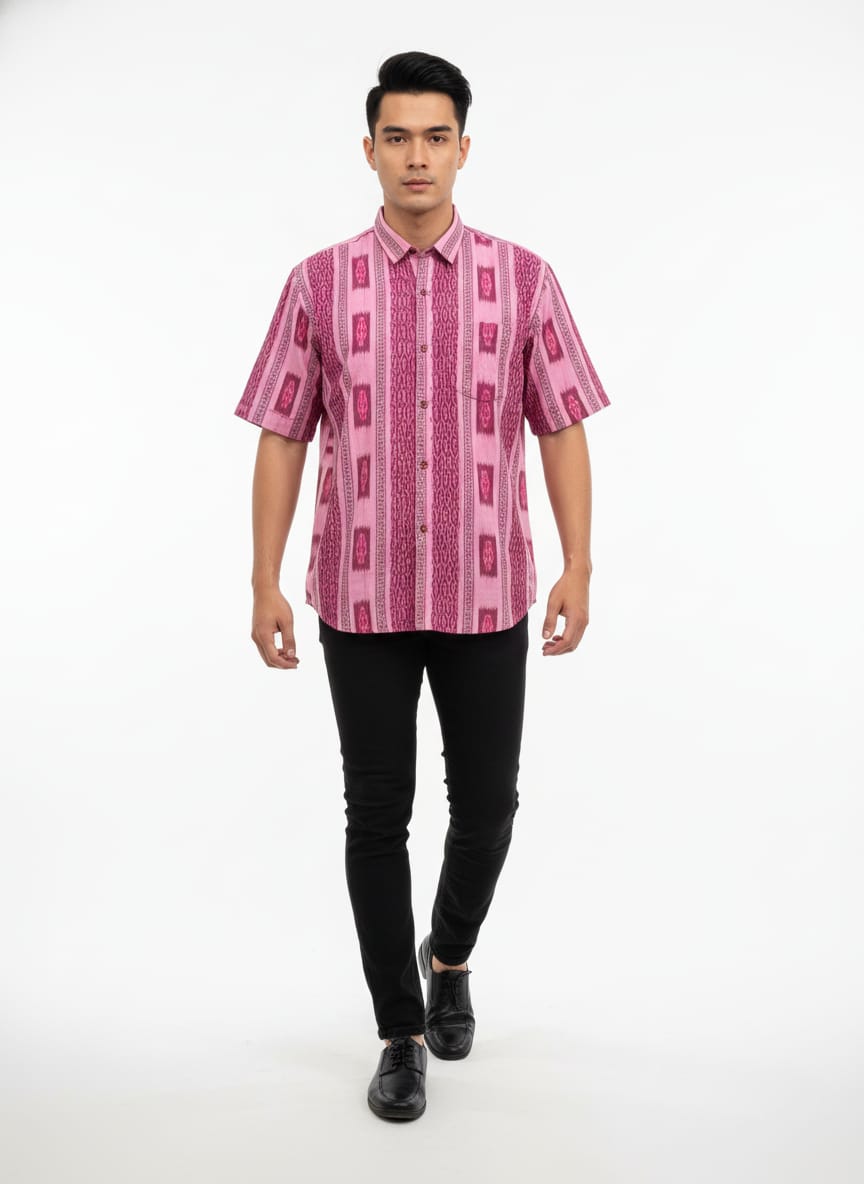 Pink Flower Design Ikat Odisha Handloom Half Shirt