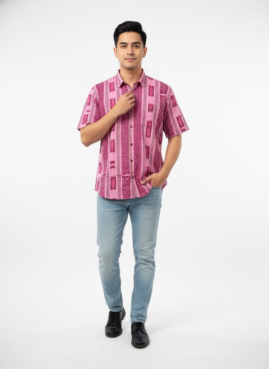 Pink Flower Design Ikat Odisha Handloom Half Shirt