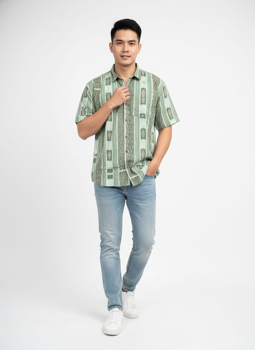 Olive Green Flower Design Ikat Odisha Handloom Half Shirt