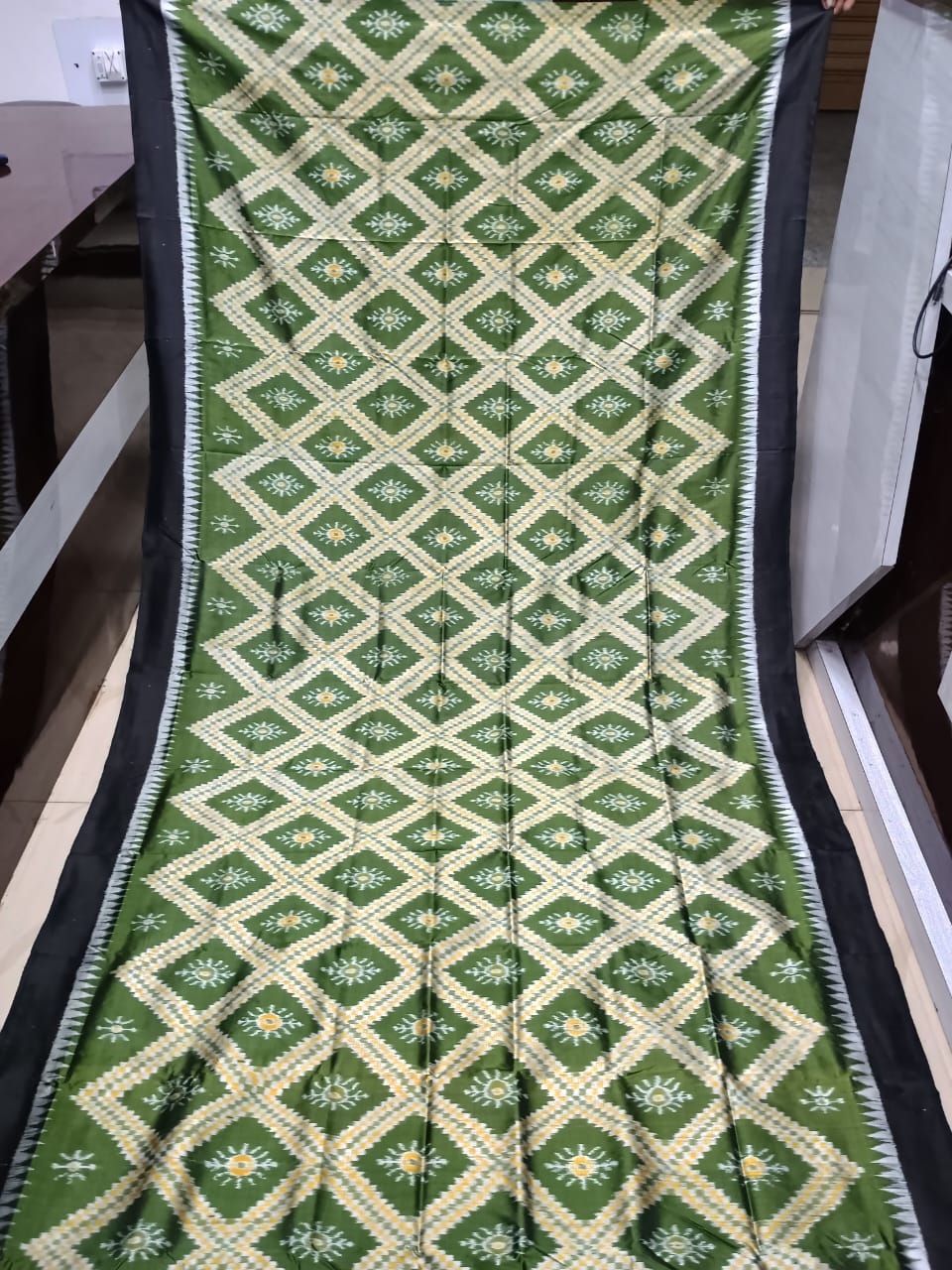 Mehendi Green Black Tarabali Design Mulberry Silk Saree