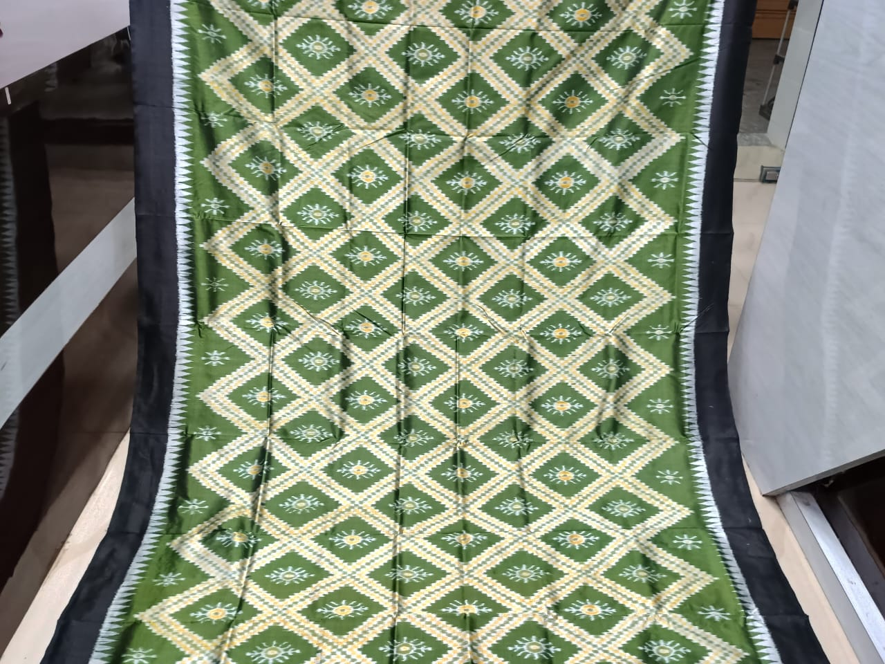 Mehendi Green Black Tarabali Design Mulberry Silk Saree