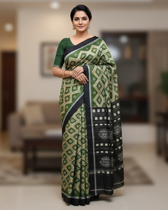 Mehendi Green Black Tarabali Design Mulberry Silk Saree